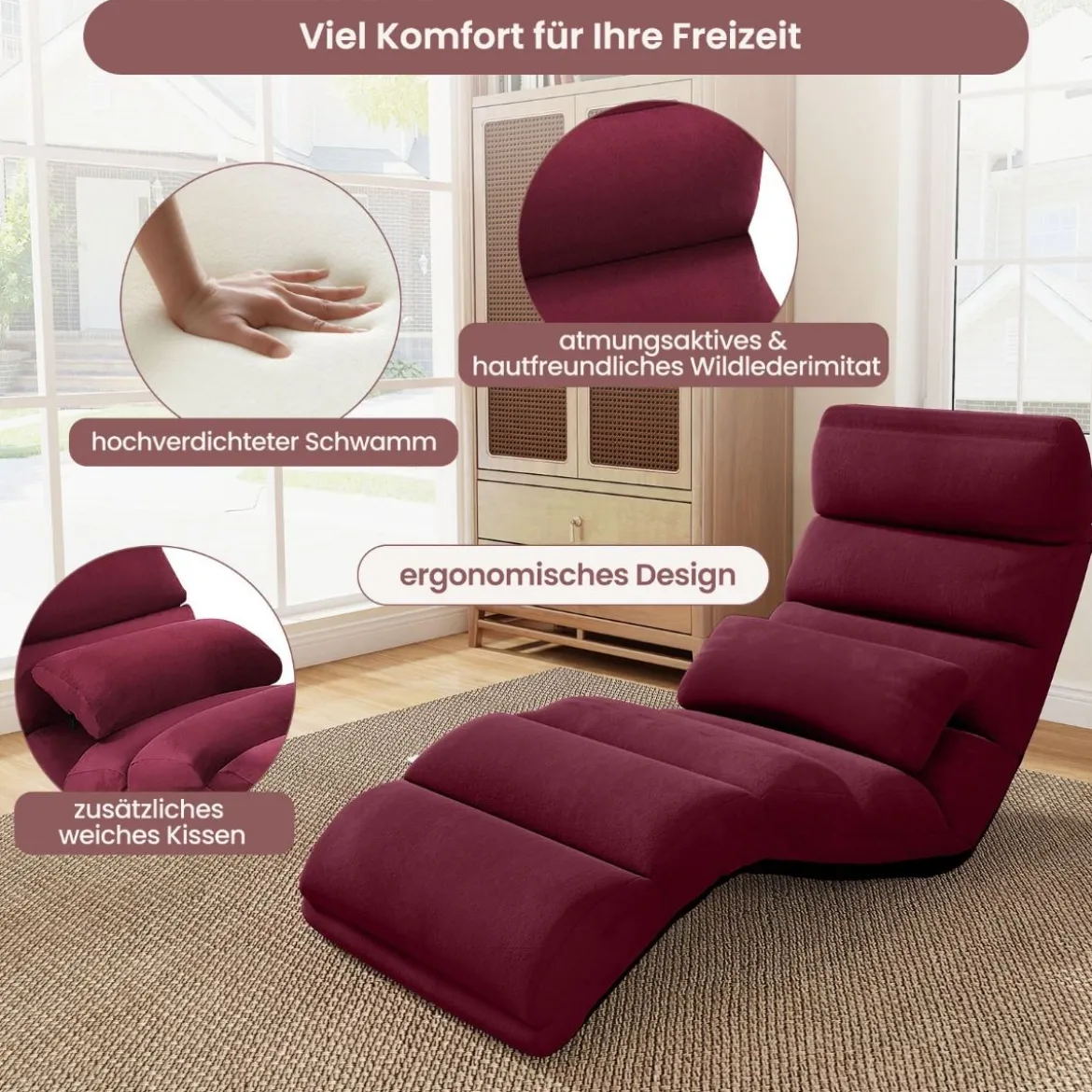 Relaxliege klappbar Bodenstuhl mit Verstellbarer Rückenlehne Rot 175 x 55 x 20 cm