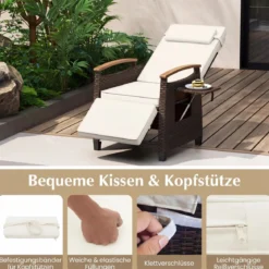 Relaxliege Rattan Liegesessel mit weichen Kissen Verstellbarer Rückenlehne und Fußstütze Liegestuhl Weiß/Grau
