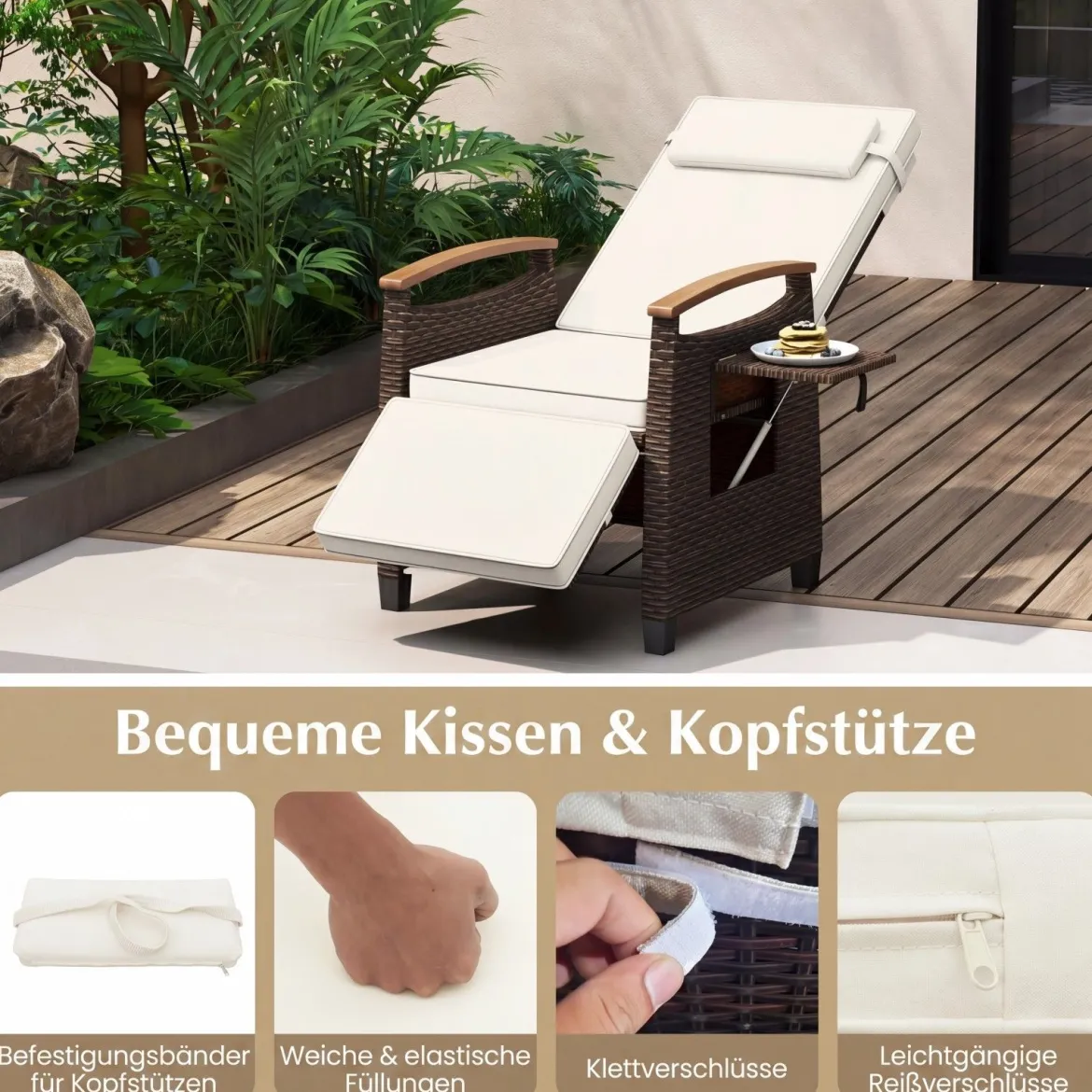 Relaxliege Rattan Liegesessel mit weichen Kissen Verstellbarer Rückenlehne und Fußstütze Liegestuhl Weiß/Grau