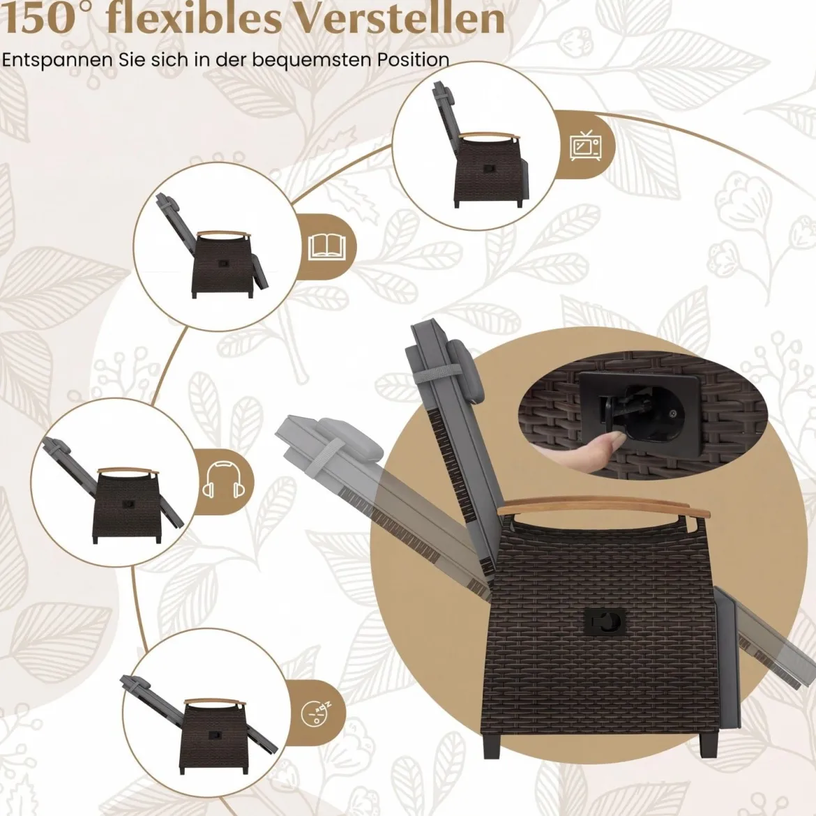 Relaxliege Rattan Liegesessel mit weichen Kissen Verstellbarer Rückenlehne und Fußstütze Liegestuhl Weiß/Grau