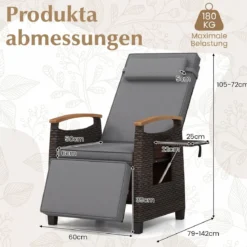 Relaxliege Rattan Liegesessel mit weichen Kissen Verstellbarer Rückenlehne und Fußstütze Liegestuhl Weiß/Grau