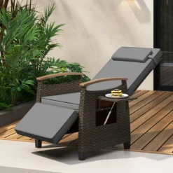 Relaxliege Rattan Liegesessel mit weichen Kissen Verstellbarer Rückenlehne und Fußstütze Liegestuhl Weiß/Grau