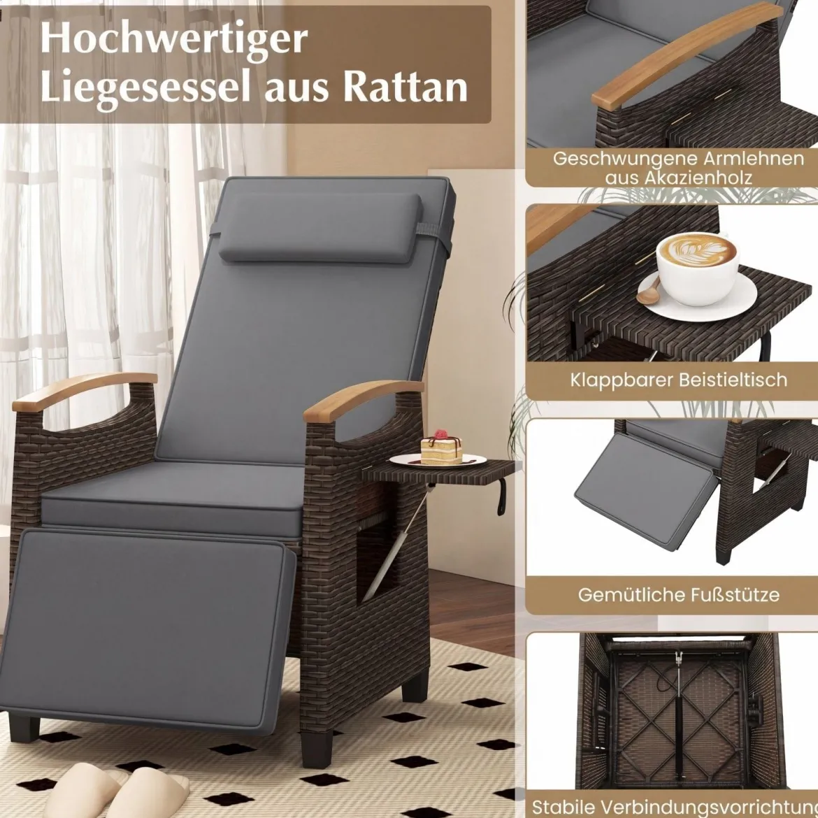 Relaxliege Rattan Liegesessel mit weichen Kissen Verstellbarer Rückenlehne und Fußstütze Liegestuhl Weiß/Grau