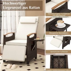 Relaxliege Rattan Liegesessel mit weichen Kissen Verstellbarer Rückenlehne und Fußstütze Liegestuhl Weiß/Grau