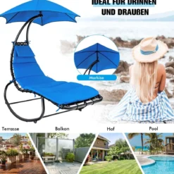 Relaxliege Schwebeliege mit Sonnenschirm und Auflage bis 150kg belastbar Blau