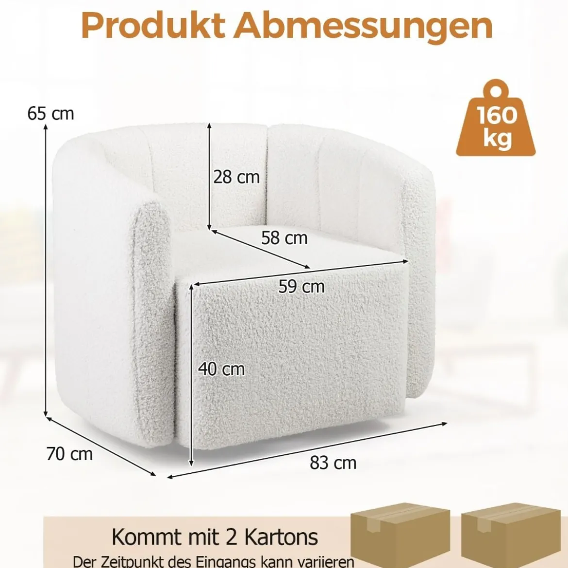 Relaxsessel Drehsessel mit breiter Sitzfläche & 360° drehbarem Metallfuß 83 x 70 x 65 cm Weiß