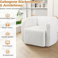 Relaxsessel Drehsessel mit breiter Sitzfläche & 360° drehbarem Metallfuß 83 x 70 x 65 cm Weiß