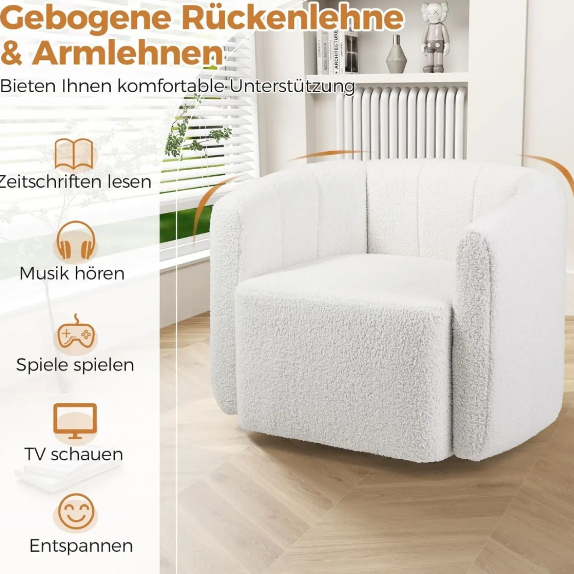 Relaxsessel Drehsessel mit breiter Sitzfläche & 360° drehbarem Metallfuß 83 x 70 x 65 cm Weiß