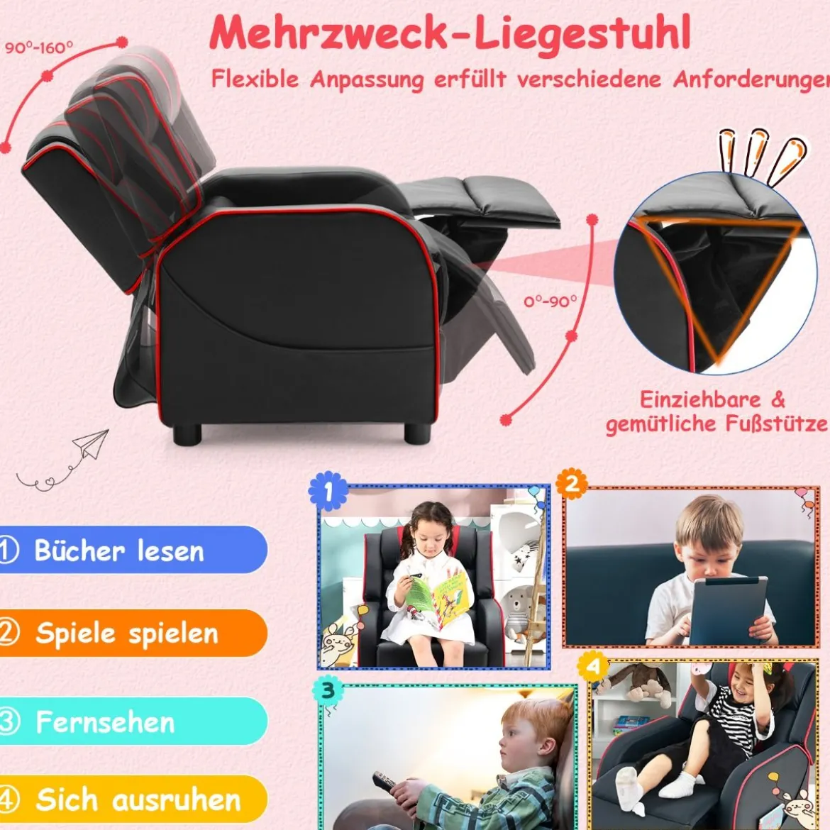 Relax-Sessel mit Seitentaschen Ergonomisches Kunstledersofa 69 x 53 x 74 cm Schwarz + Rot