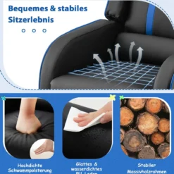 Relax-Sessel mit Seitentaschen Ergonomisches Kunstledersofa 69 x 53 x 74 cm Schwarz + Blau