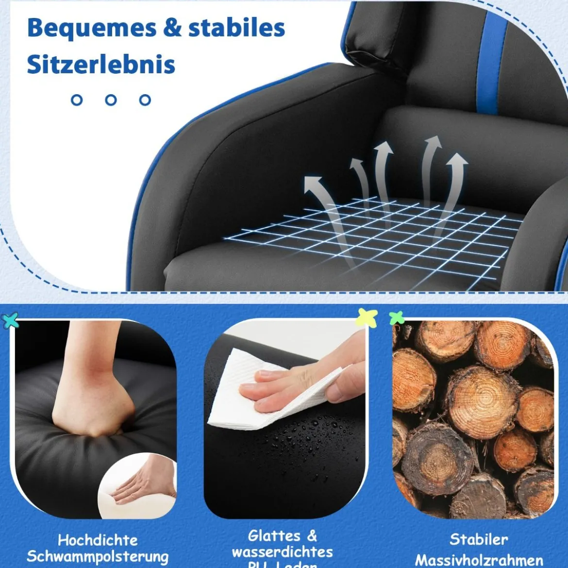 Relax-Sessel mit Seitentaschen Ergonomisches Kunstledersofa 69 x 53 x 74 cm Schwarz + Blau