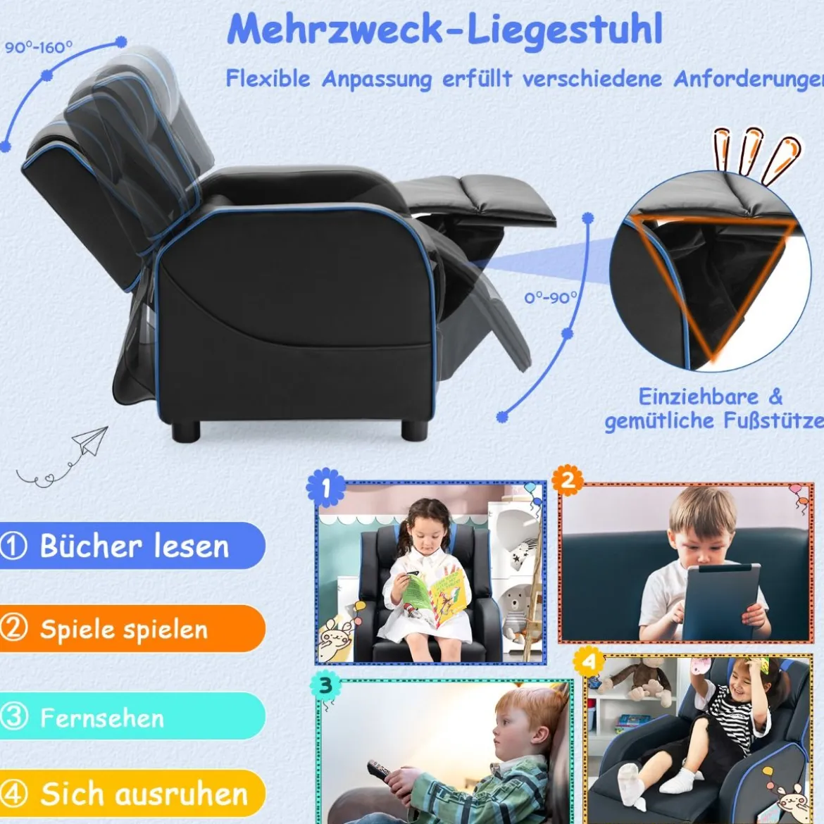 Relax-Sessel mit Seitentaschen Ergonomisches Kunstledersofa 69 x 53 x 74 cm Schwarz + Blau
