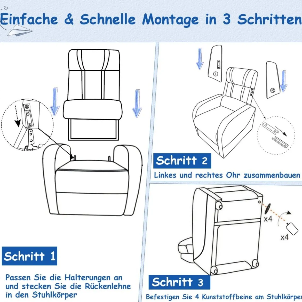 Relax-Sessel mit Seitentaschen Ergonomisches Kunstledersofa 69 x 53 x 74 cm Schwarz + Blau