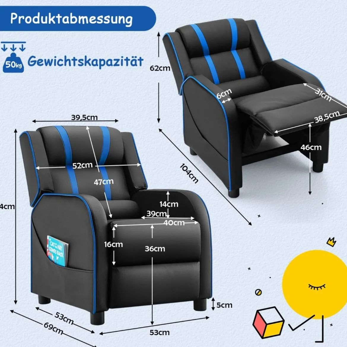 Relax-Sessel mit Seitentaschen Ergonomisches Kunstledersofa 69 x 53 x 74 cm Schwarz + Blau