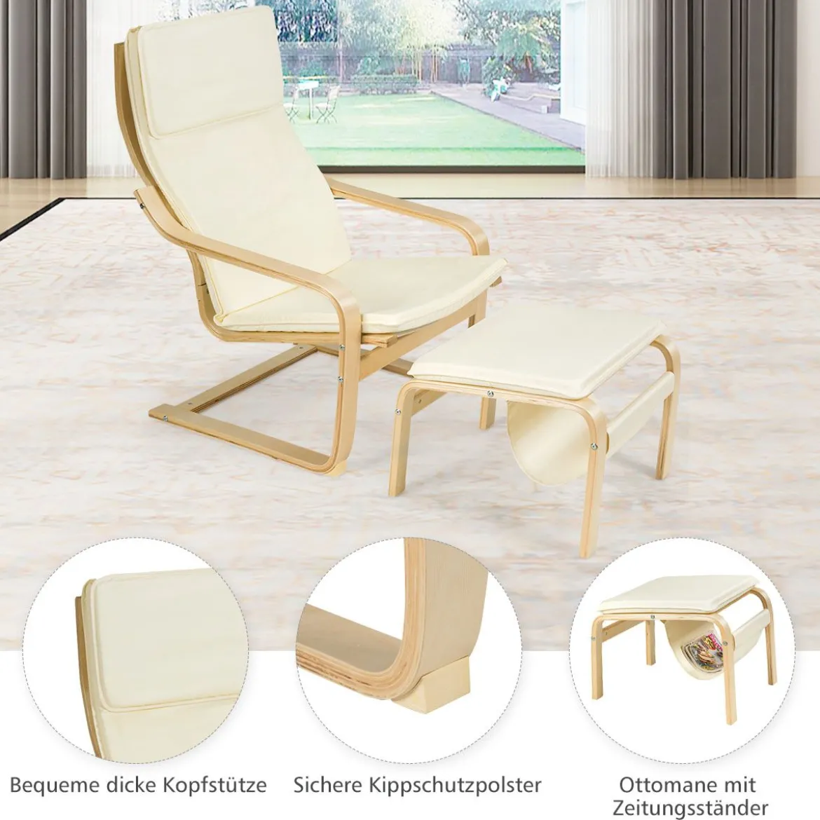 Relaxsessel Relaxstuhl Entspannungsstuhl Kippschutz mit Ottomane und Kissen Beige