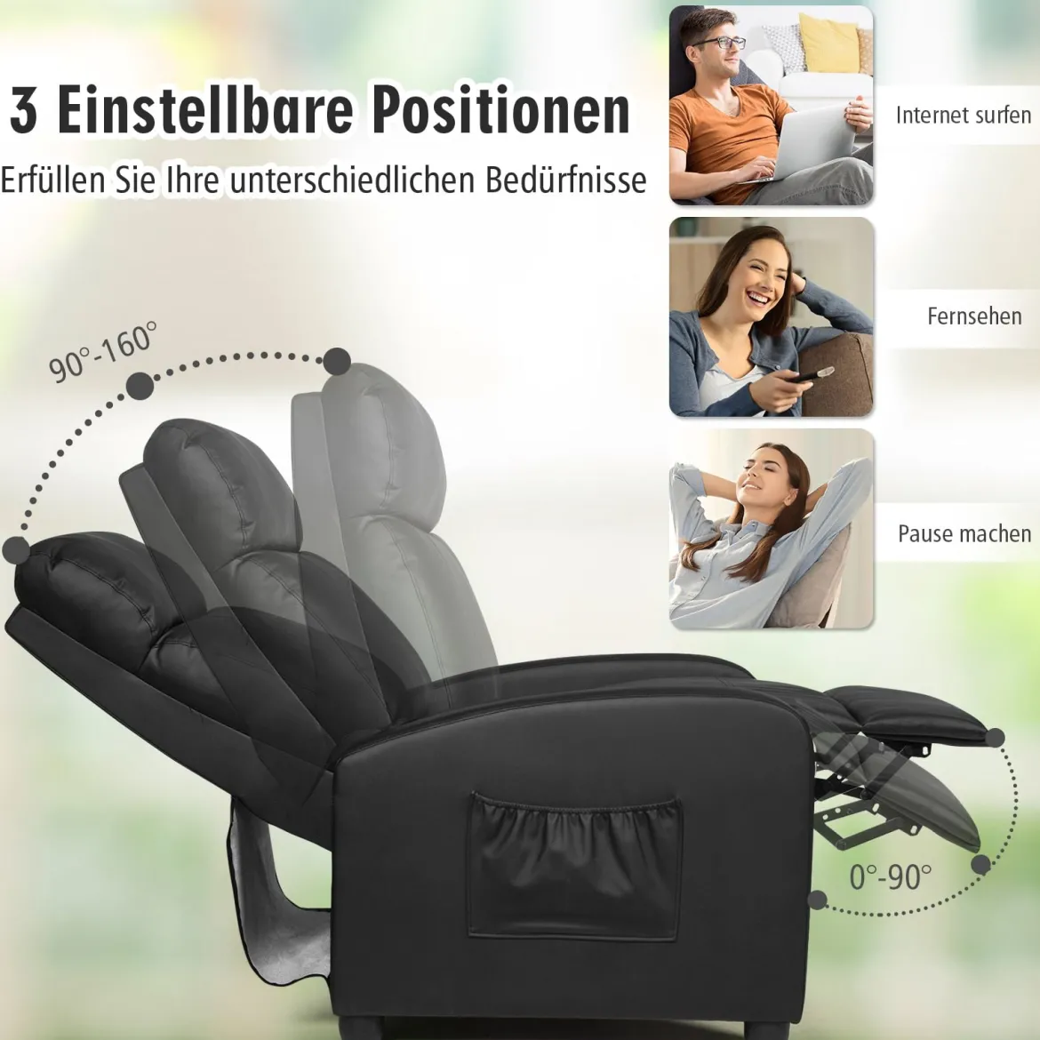 Relaxsessel verstellbar Fernsehsessel TV Sessel Ruhesessel Kunstleder Schwarz