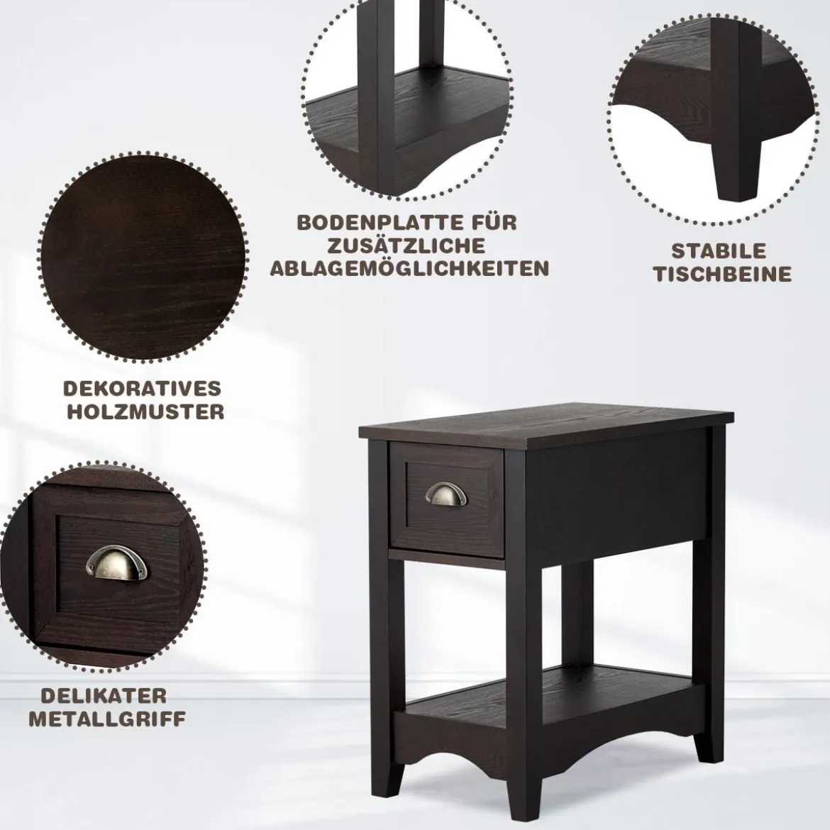 Retro Beistelltisch mit Schublade & Ablage Gummiholzbeine für Wohnzimmer & Schlafzimmer Walnuss