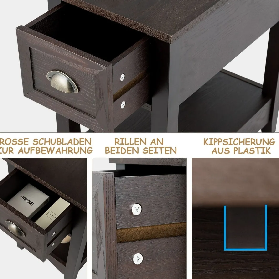 Retro Beistelltisch mit Schublade & Ablage Gummiholzbeine für Wohnzimmer & Schlafzimmer Walnuss