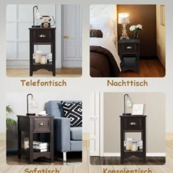 Retro Beistelltisch mit Schublade & Ablage Gummiholzbeine für Wohnzimmer & Schlafzimmer Walnuss
