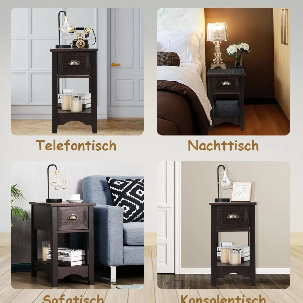 Retro Beistelltisch mit Schublade & Ablage Gummiholzbeine für Wohnzimmer & Schlafzimmer Walnuss