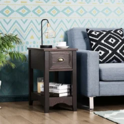 Retro Beistelltisch mit Schublade & Ablage Gummiholzbeine für Wohnzimmer & Schlafzimmer Walnuss