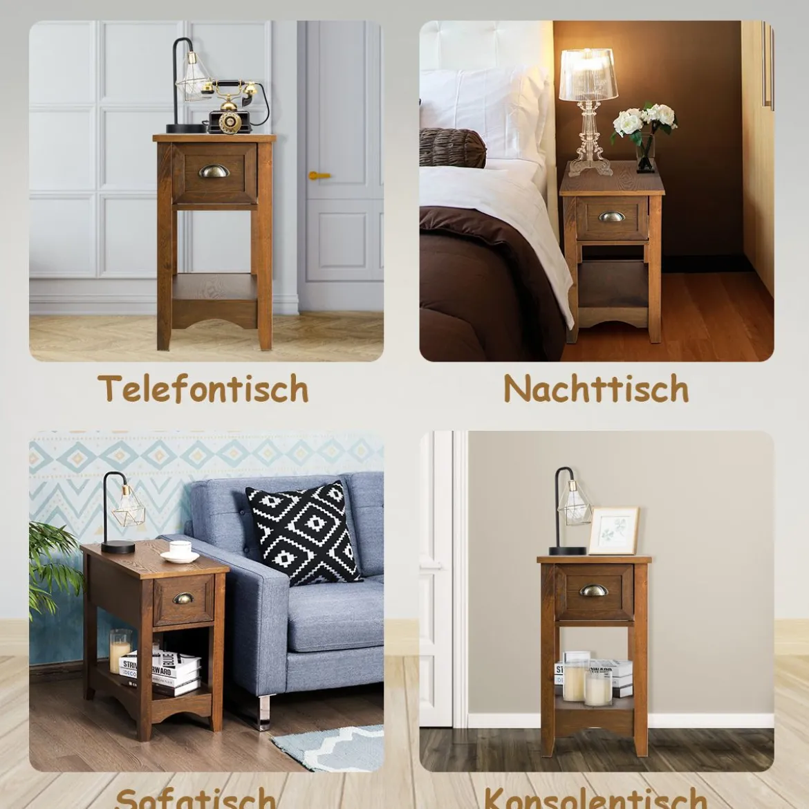 Retro Beistelltisch mit Schublade & Ablage Gummiholzbeine für Wohnzimmer & Schlafzimmer Gelbbraun