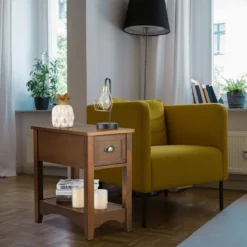 Retro Beistelltisch mit Schublade & Ablage Gummiholzbeine für Wohnzimmer & Schlafzimmer Gelbbraun