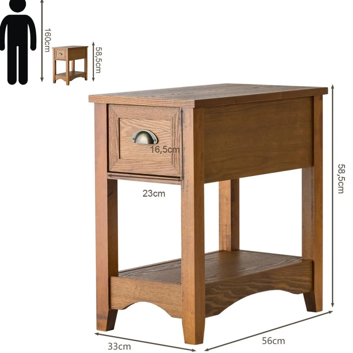 Retro Beistelltisch mit Schublade & Ablage Gummiholzbeine für Wohnzimmer & Schlafzimmer Gelbbraun