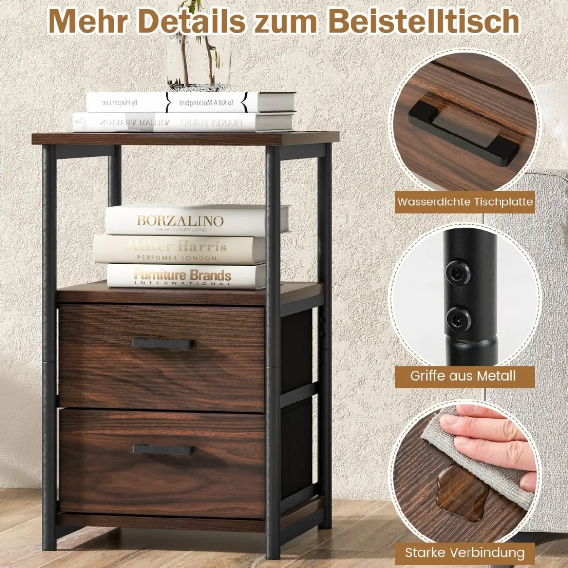 Retro-Nachttisch mit 2 Stoffschubladen Beistelltisch Industrie Design 34 x 30 x 58 cm Walnuss + Schwarz