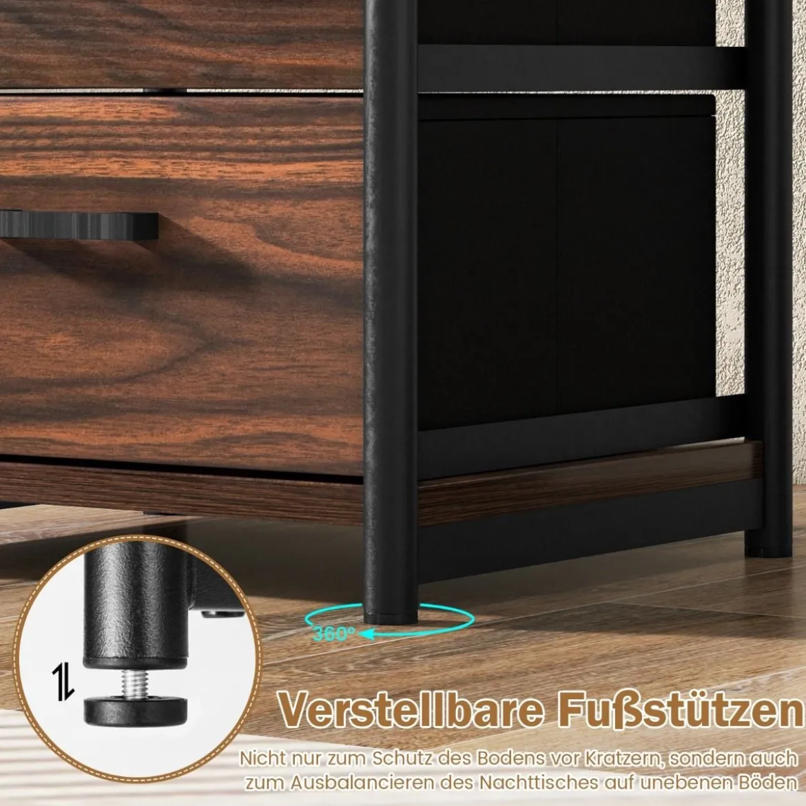 Retro-Nachttisch mit 2 Stoffschubladen Beistelltisch Industrie Design 34 x 30 x 58 cm Walnuss + Schwarz
