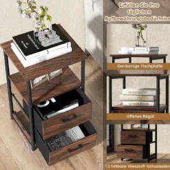 Retro-Nachttisch mit 2 Stoffschubladen Beistelltisch Industrie Design 34 x 30 x 58 cm Walnuss + Schwarz