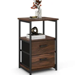 Retro-Nachttisch mit 2 Stoffschubladen Beistelltisch Industrie Design 34 x 30 x 58 cm Walnuss + Schwarz