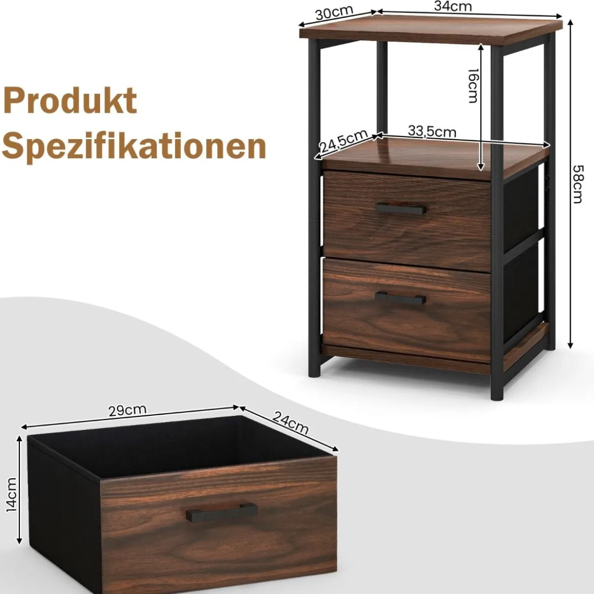 Retro-Nachttisch mit 2 Stoffschubladen Beistelltisch Industrie Design 34 x 30 x 58 cm Walnuss + Schwarz