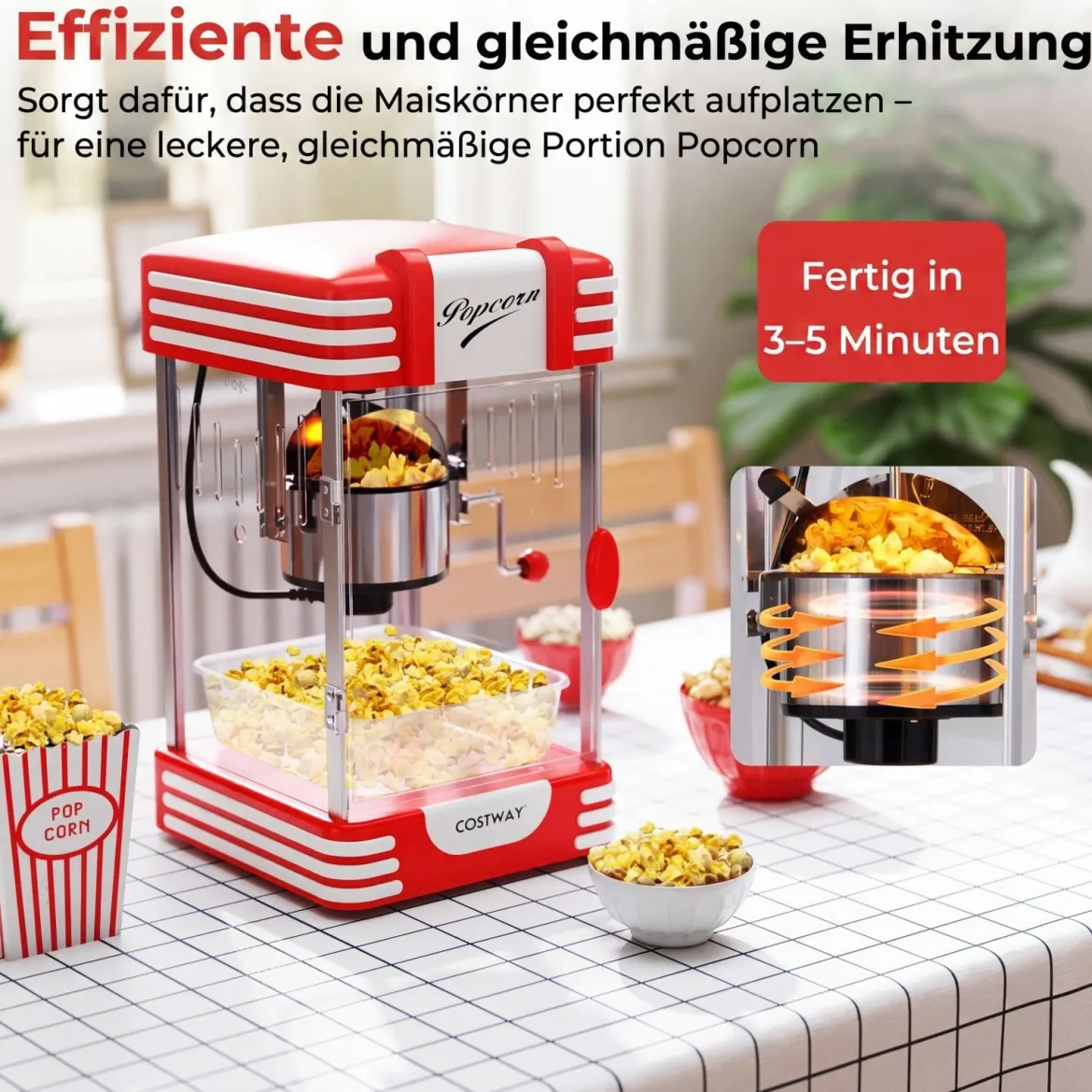 Retro Popcornmaschine 300 W Popcornmaker im Kino-Stil mit Warmhaltelicht & Handkurbel