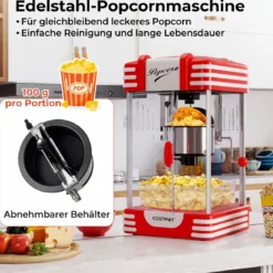 Retro Popcornmaschine 300 W Popcornmaker im Kino-Stil mit Warmhaltelicht & Handkurbel
