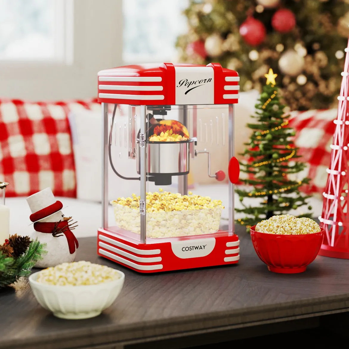 Retro Popcornmaschine 300 W Popcornmaker im Kino-Stil mit Warmhaltelicht & Handkurbel