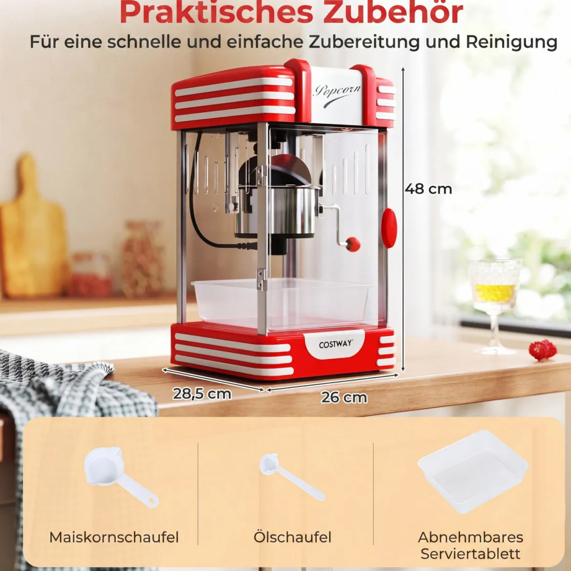 Retro Popcornmaschine 300 W Popcornmaker im Kino-Stil mit Warmhaltelicht & Handkurbel