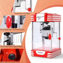 Retro Popcornmaschine 300 W Popcornmaker im Kino-Stil mit Warmhaltelicht & Handkurbel