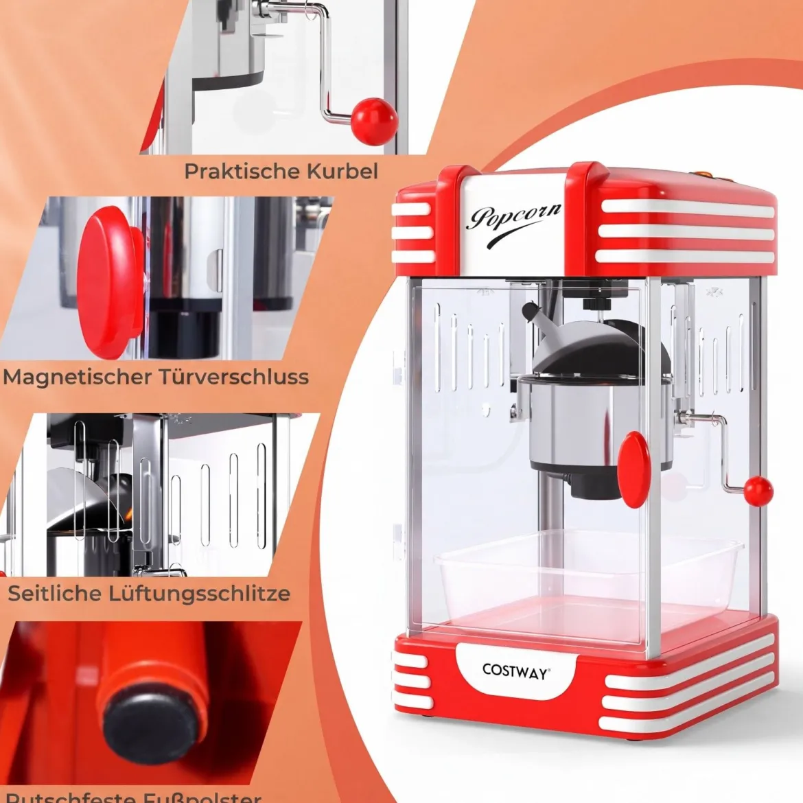 Retro Popcornmaschine 300 W Popcornmaker im Kino-Stil mit Warmhaltelicht & Handkurbel