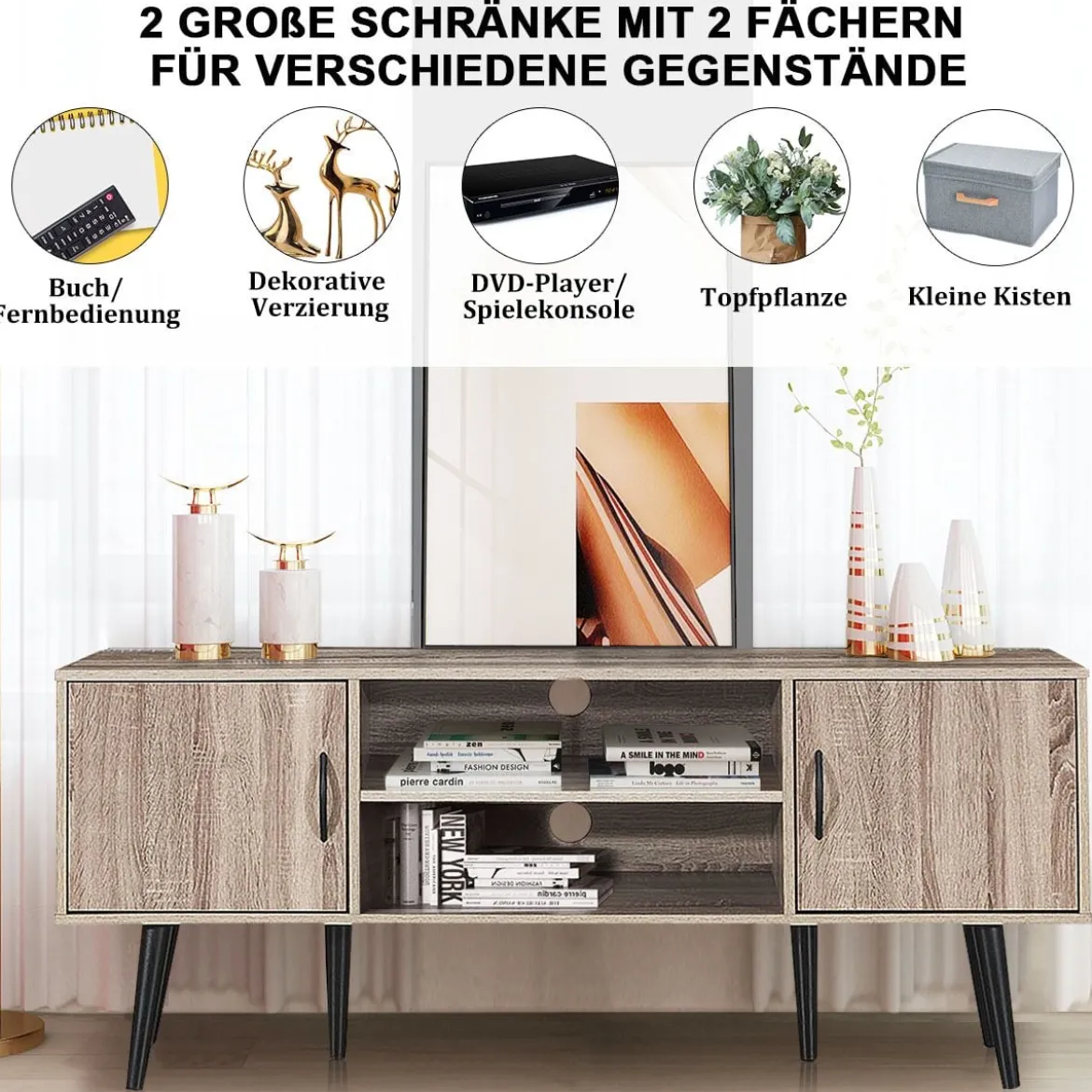 Retro-TV-Schrank mit 2 Aufbewahrungsschränken offenes Regal Massivholzbeine Kommode Grau