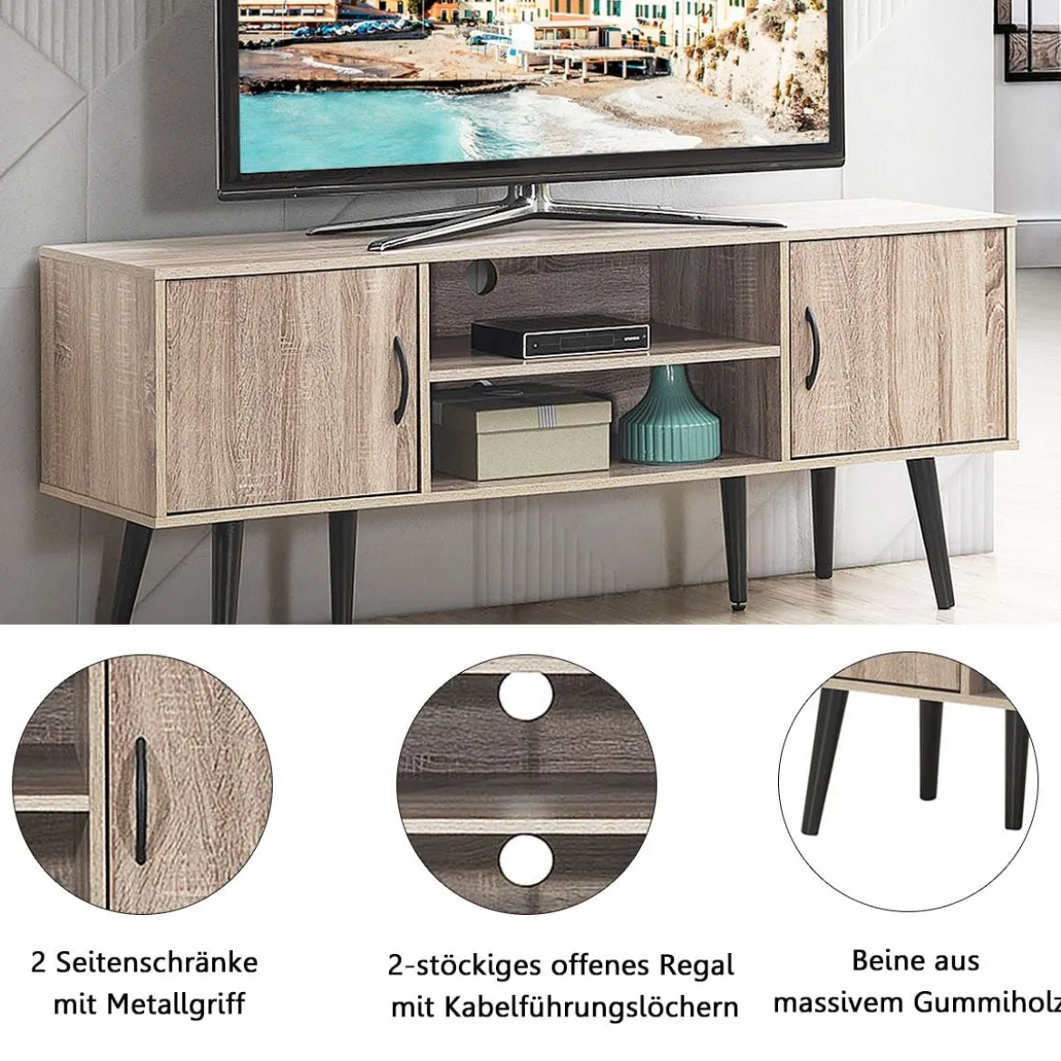 Retro-TV-Schrank mit 2 Aufbewahrungsschränken offenes Regal Massivholzbeine Kommode Grau