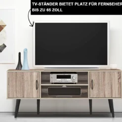 Retro-TV-Schrank mit 2 Aufbewahrungsschränken offenes Regal Massivholzbeine Kommode Grau
