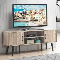 Retro-TV-Schrank mit 2 Aufbewahrungsschränken offenes Regal Massivholzbeine Kommode Grau