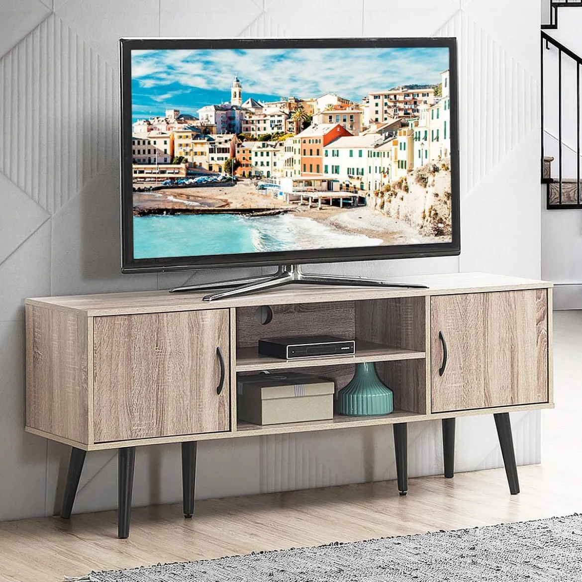 Retro-TV-Schrank mit 2 Aufbewahrungsschränken offenes Regal Massivholzbeine Kommode Grau