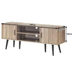 Retro-TV-Schrank mit 2 Aufbewahrungsschränken offenes Regal Massivholzbeine Kommode Grau