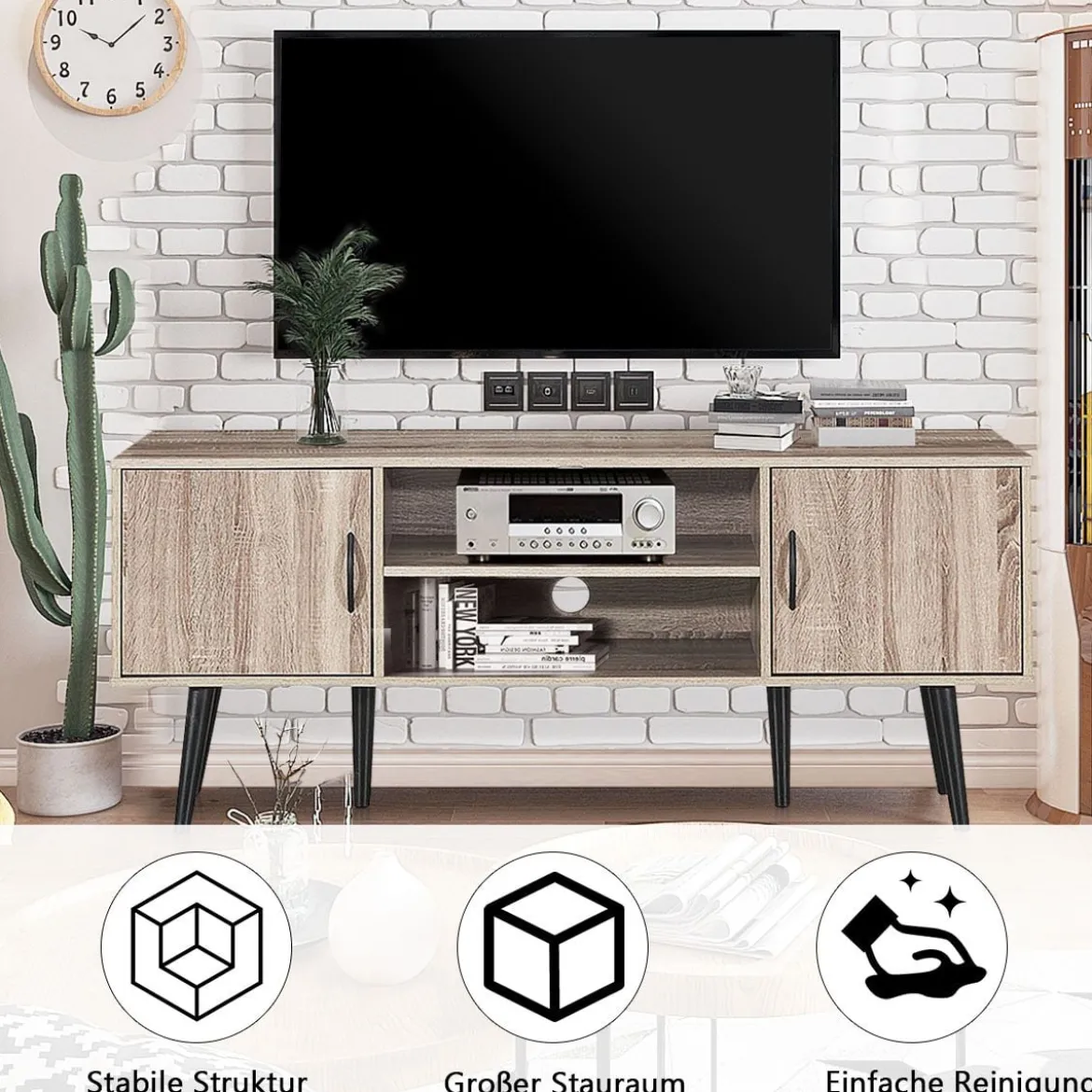 Retro-TV-Schrank mit 2 Aufbewahrungsschränken offenes Regal Massivholzbeine Kommode Grau