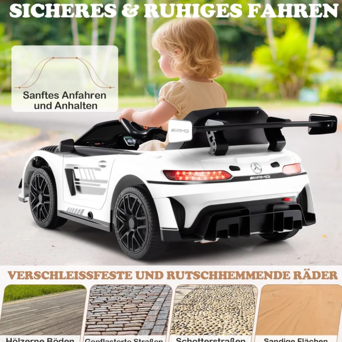 Ride-on-Auto lizenziertes Mercedes-AMG GT3 Kinderauto mit Fernbedienung 3 Geschwindigkeiten Weiß