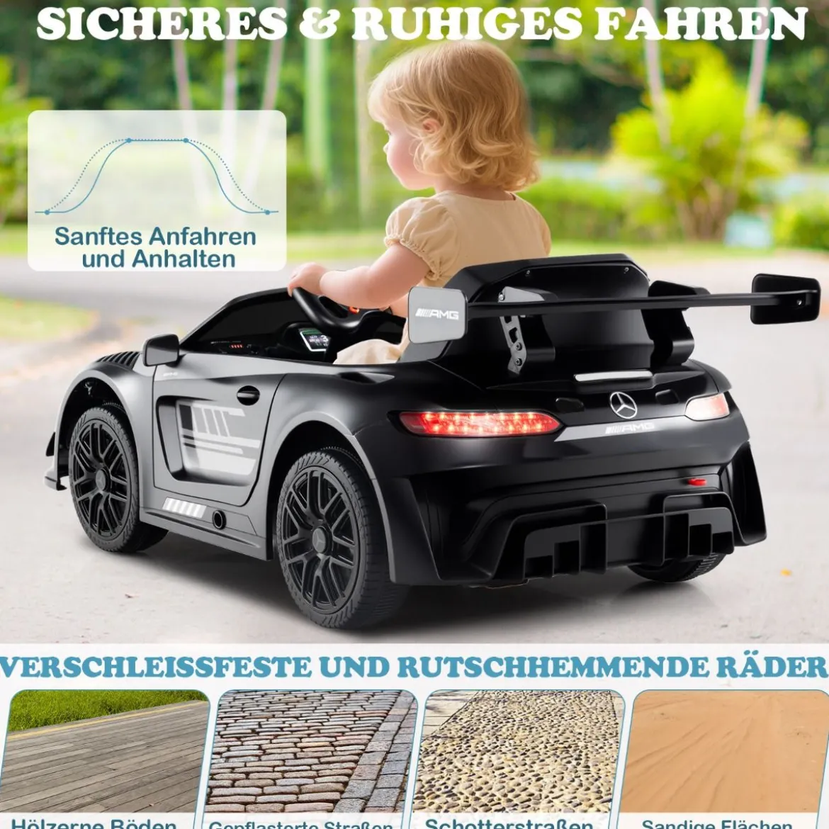 Ride-on-Auto lizenziertes Mercedes-AMG GT3 Kinderauto mit Fernbedienung 3 Geschwindigkeiten Schwarz