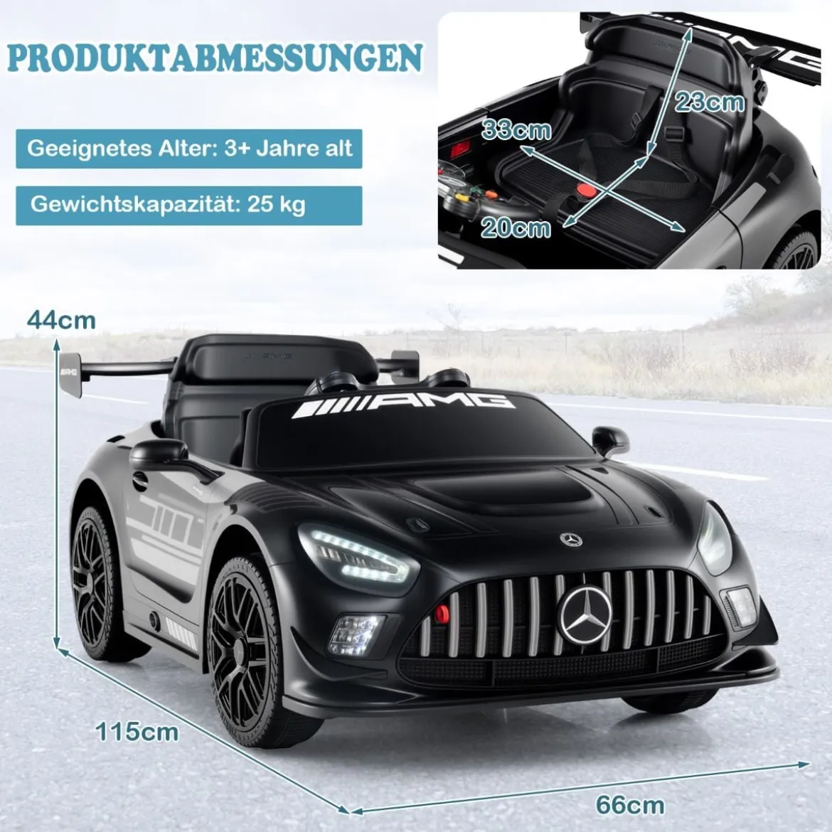 Ride-on-Auto lizenziertes Mercedes-AMG GT3 Kinderauto mit Fernbedienung 3 Geschwindigkeiten Schwarz