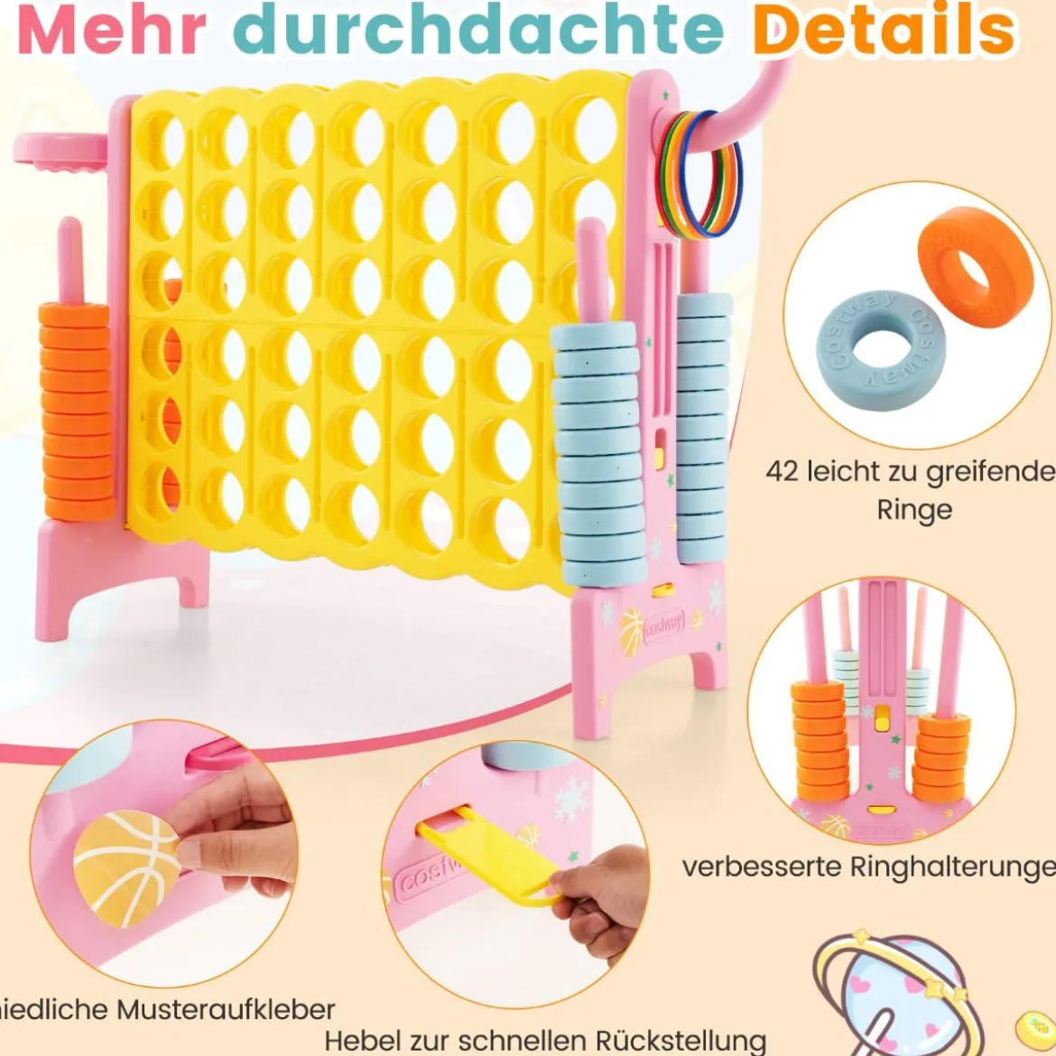 Riesiges 4-Gewinnt-Spiel erweitertes 4-Gewinnt-Spielset mit Basketballkorb und Wurfring Hellblau/Rosa